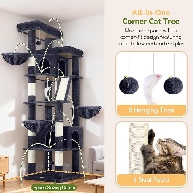 Globlazer 80in XXL Extra Large Corner Cat Tree Tower S80G, Dark Grey | Cat Condo For Indoor Cats Large Adult & Kitten, Scratching Posts & Board, Cozy Caves, Widened Perches, Adjustable Baskets