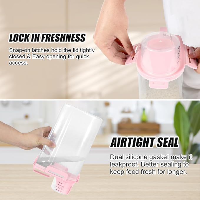 2 Pack 3 Lbs Pet Dog Cat Food Bird Seed Storage Containers for Travel -Pink | Airtight 5 Lbs Rice Dispenser Flour Container Keep Fresh Portable Cereal Oatmeal Holder Large Pour Spout Measuring Cup Handle