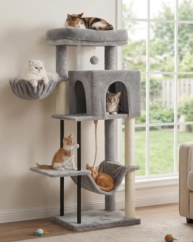 Cat Tree, 43.3'' Cat Tower with Hammock for Kittens GCT004SW | Cat Condo House for Small Indoor Cats, Basket, Scratching Post, Large Platform, Sturdy Steel Tube, Sisal Rope, Light Gray