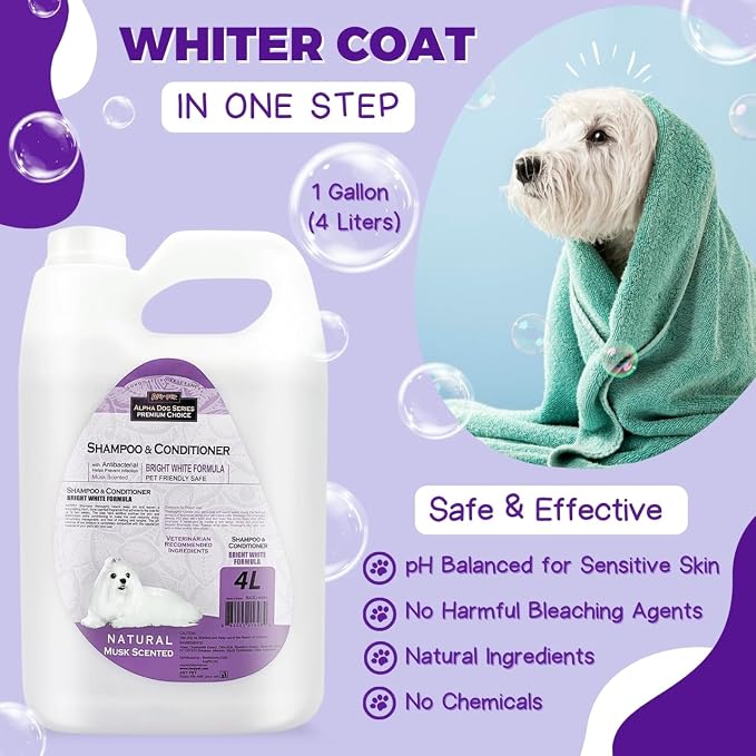Bright White Natural Whitening Dog Shampoo and Conditioner for Dogs with Aloe Vera, pH Balanced Dog Shampoo and Conditioner Set, Tear-Free for Sensitive Skin, 4L (1Gallon)