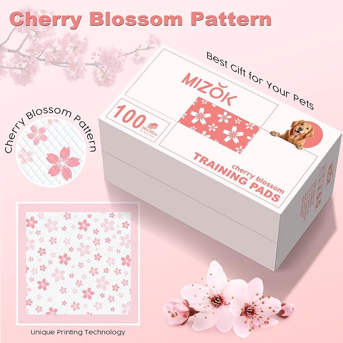 MIZOK 36x36in Puppy Pads Pink, Dog Pee Pads Leak-Proof with Quick-Dry Surface, Dog Pads Extra Large with Cherry Blossom Prints, Pee Pads for Dogs Super Absorbent (100 Count)