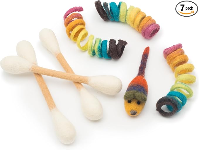 Glaciart One Indoor Catnip Cat Toy Pack - 7pc | Kitty Toys Include Wool Springs, Swabs & Mouse | for Activity, Exercise & Play | Filled w/Organic Catnip to Excite/Calm Pet | Great Gift Idea