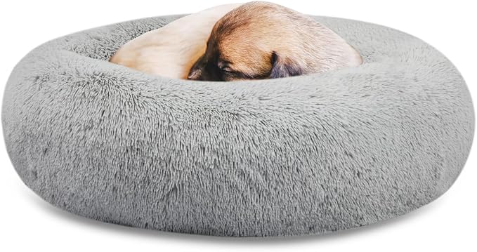 SAVFOX 20 inches Calming Donut Dog Bed - 3X Durable Plush Faux Fur, Machine Washable & Non-Slip, Fits up to 15 lbs, Light Grey