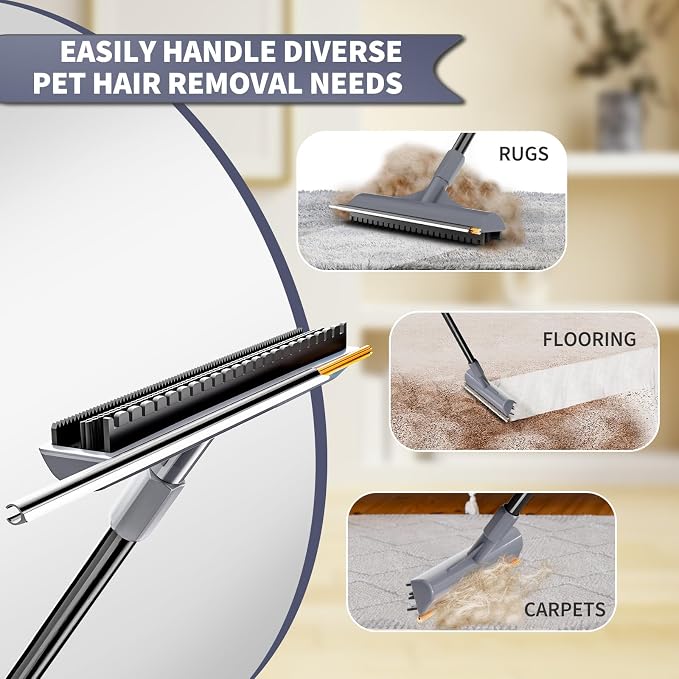 Carpet Rake for Pet Hair Removal - Reusable Dog & Cat Hair Remover with 58" Reinforced Steel Handle, 3-in-1 Professional Modular Rug Rake & Scraper Tool for Shag Rugs, Couch, Stairs (Gray)