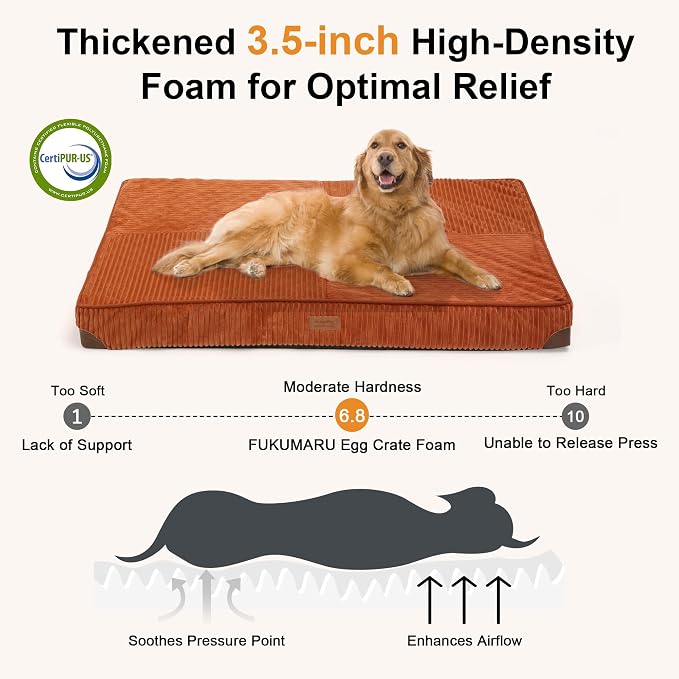 FUKUMARU Large Dog Bed, Thickened Waterproof Dog Mat with Washable Cover | Corduroy Orthopedic Dog Bed for Crate, 28D Egg Crate Foam Support Pet Mat, Cozy Flat Dog Pad with Anti-Slip Bottom