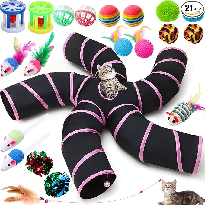 Poen 21 Pcs Cat Tunnel for Indoor Set Collapsible 5 Way Tubes with 20 Pcs Cat Kitten Toys Interactive Feather Toy Mouse Crinkle Balls Tube for Puppy Kitten Rabbit(Pink Black)