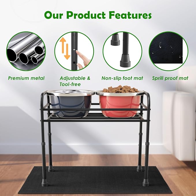 Extra Large & Tall Metal Raised Dog Bowl Stand for Extra Large Dogs, Table Steel Frame Dog Bowls Stand with Mat,Non-Slip,Adjust to 4 Heights 15"-22", Holds 4"-10.5" Diameter Bowl (Not Included)