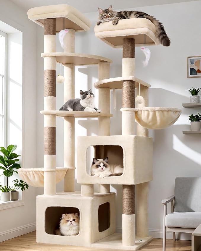 Globlazer S74E Pro Heavy Duty Maine Coon Cat Tree for Large Cats, Beige | 74in Sturdy Multi-Level Tall Cat Tree Tower for Indoor Adult Cats with Scratching Posts, 2 Cat Condos, 2 Top Perches