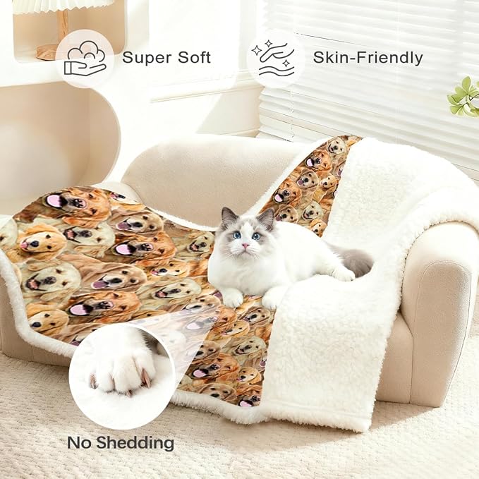 BlessLiving Fuzzy Dogs Blanket for Kids Adults Cute Puppy Fleece Blanket Reversible Animal Pattern Sherpa Throw (Golden Retriever,Twin, 60 x 80 Inches)