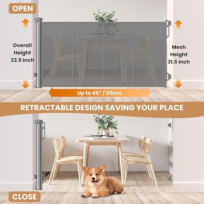 Spaceany Reinforced Retractable Baby Gate or Mesh Dog Gate,Easy to Use for Stairs, Doorways, Hallways, Indoor, Outdoor, Wide Pet Gate 33.5" Tall, Extends to 45" Wide, Gray