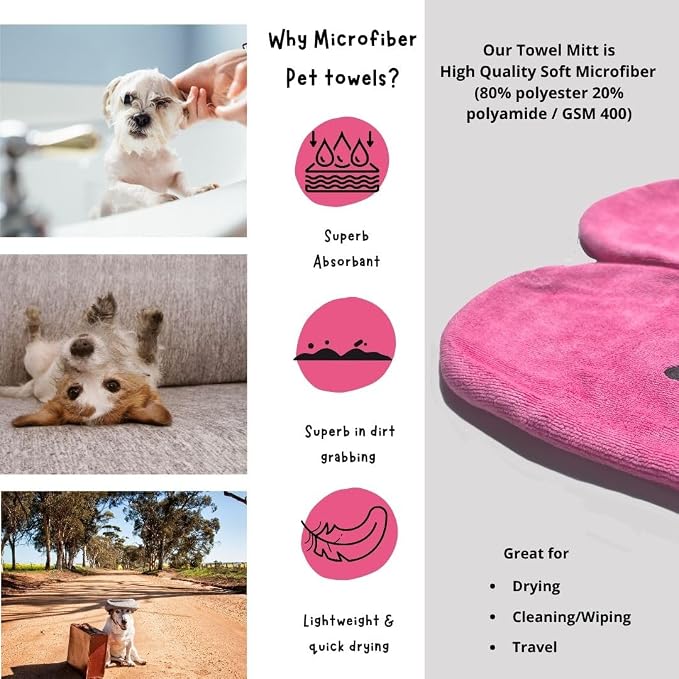 Penny & Niko Microfiber Pet Towel Mitts - Paw Cleaning and Drying Mitts/Gloves for Dogs and Cats (Pink, Standard - 4 Pack)