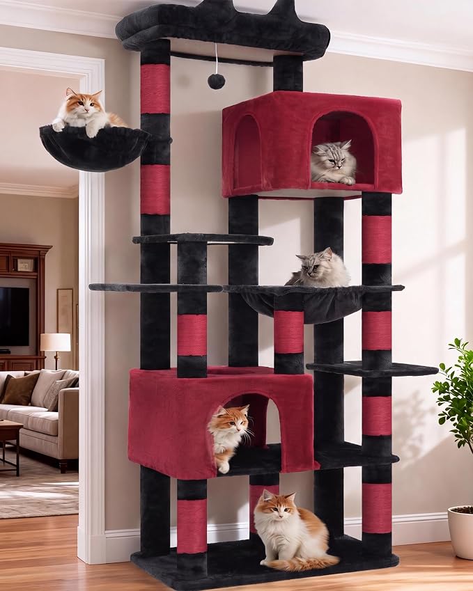 Heybly Cat Tree, 76-Inch Tall Heavy Duty Cat Tower for Big Cats HCT039BR | Multi-Level Large Cat Furniture with Extra Wide Baseboard, 2 Condos & 2 Hammocks, 10 Scratching Posts, Black and Red
