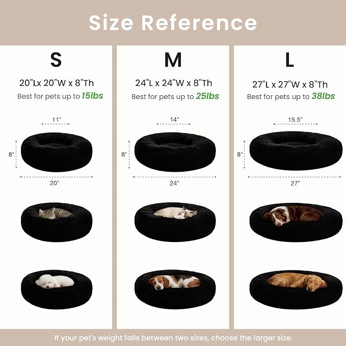 Love's cabin Calming Cat Bed for Indoor Cats, Anti-Anxiety Donut Round Dog Bed,Fluffy Faux Fur Washable Pet Bed for Small Medium Dogs and Cats, Black, 20in