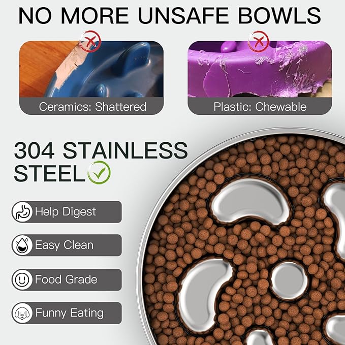 Slow Feeder Dog Bowl-2Cups for Medium Breeds, Double Wall Food-Grade Stainless Steel, Heavy Duty with Non-Slip Rubber Base, Puzzle Maze Bowl to Slow Down Eating