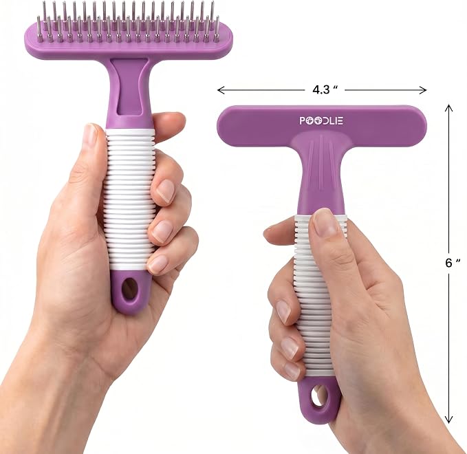 POODLIE Poodle Pet Dog Grooming Rake| Dematting Tool with Stainless Steel Shedding Comb for Pets | 2 Rows of Pins Gently Remove Loose or Tangled Hair from Undercoat | Purple Handle