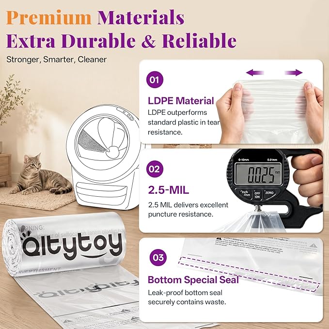 180 Pack Cat litter Bags Fit Litter Box Robot 5/4/3 Waste Bags,30LBS Heavy Duty Automatic Litter Box Liners,Transparent,Sensor-Compatible,9-11 Gallon,Leak-Proof,Replacement Cat Waste Liners