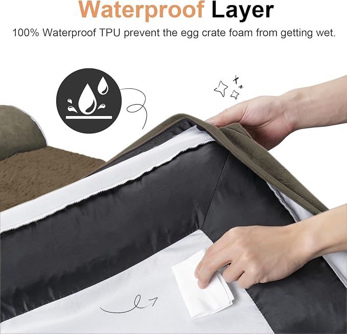 NANUYA Orthopedic Dog Bed for Medium Dogs, 30 x 20 Inch, Brown | Egg crate foam for joint support, 3-sided bolster pet sofa, waterproof lining, washable cover, and non-skid base
