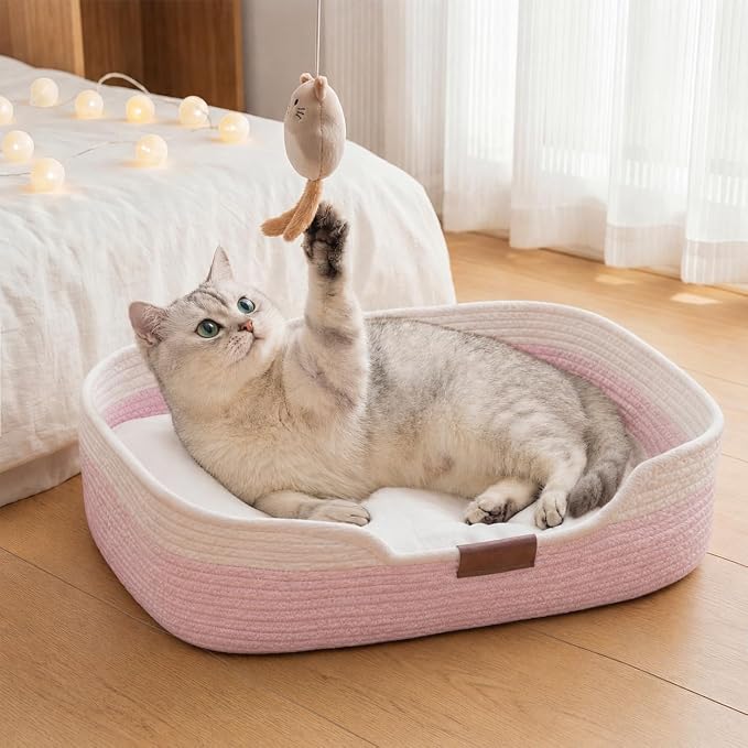 YOUDENOVA Cat Bed Basket with Removable Cushion,Stimulicat Handwoven Cat&Dog Basket,Cat Beds for Indoor Cats Couch, Kitten Bed for Medium and Large Cat, All Season Universal