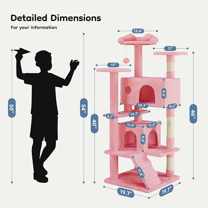 DUMOS 54-inch Cat Tree Tower with Scratching Posts, Indoor Use | Multi-Level Pet House for Large Cats with 2 Condos, Round Platform, Small Ladder and Toys, Pink