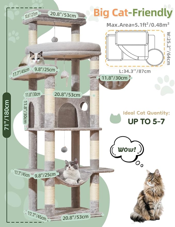 Taoqimiao Heavy-Duty Cat Tree, 71 in Cat Tower for Large Cats 20lbs+ | 3 Giant Multi-Tier Perches, Widened Cat Condo with 9 Scratching Posts, Plush Hammock & Basket, Toys, Light Gray, MS034W