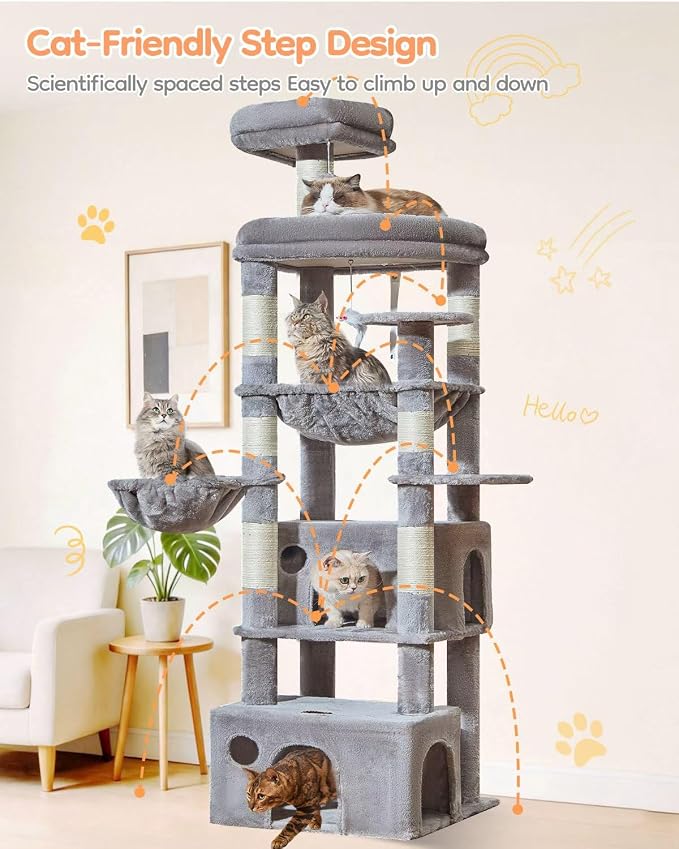 Taoqimiao 76.8in Cat Tree, Heavy Duty Tall Cat Tower for Large Cats F40W | Easy Climbing, Extra Large Sturdy Base, Multi-level Tower, 7 Scratching Posts, Large Hammock, 2 Houses, 2 Perches
