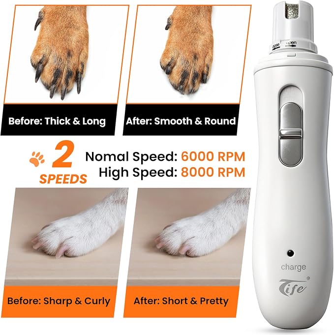 Tife Dog Nail Grinder for Dogs and Cats, Quiet Rechargeable | 2-speed electric pet nail trimmer with 3 grinding ports and diamond head for small dogs, large dogs, puppies and cats