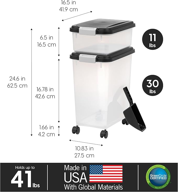 IRIS USA 30 lb + 11 lb Airtight Pet Food Storage Containers with Wheels | Stackable Pet Food Plastic Storage Bins with Wheels for Cat and Dog Food, Made in USA