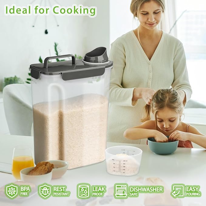 Viretec Rice Storage Container, 15 to 20lb Dry Food Airtight Dispenser, Pet Dog Cat Food Canister, BPA Free Clear Plastic Kitchen and Pantry Organization Bin for Oatmeal, Cereal, Pasta, Flour Grey