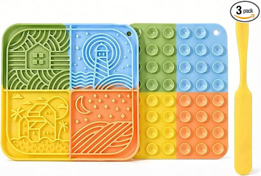 Dog Lick Mat 2 Pack with Scraper, Silicone Slow Feeder Licking Pad with Suction Cups, Multicolor Lick Mat for Dogs and Cats, Easy Clean for Bathing Grooming