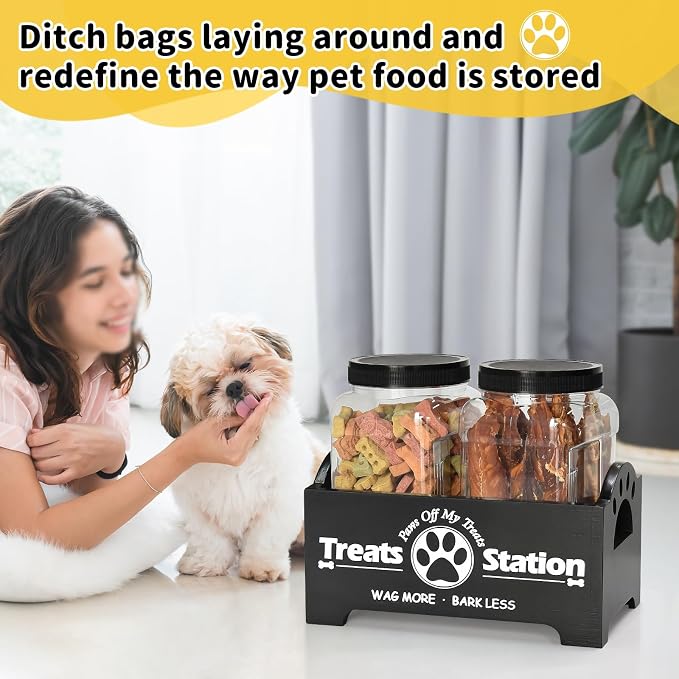 Dog Treat Container Dog Food Storage Container for Countertop, Cat Food Storage Container with 2 Plastic Dog Treat Jar, Dog Food Storage Container for Dog and Cat, Black Wooden Dog Food Container
