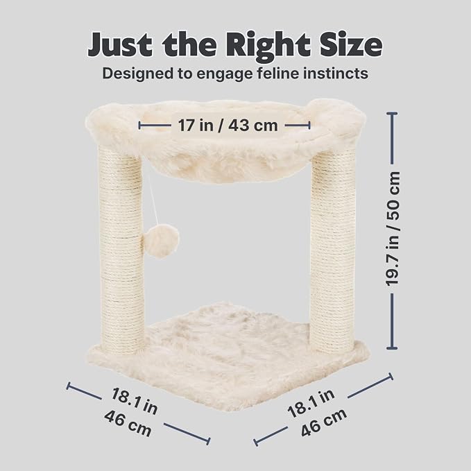 TRIXIE Baza XXL Cat Scratching Posts, Indoor Cat Furniture with Plush Hammock, Jute Scratcher Posts and Dangling Toy Ball, 18.1" L x 18.1" W x 19.7" H, Cream