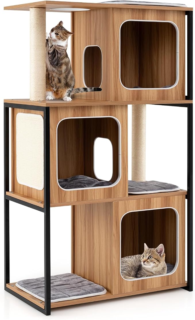 52-inch Wood Cat Tree for Indoor Cats, Multi-Level Solid Metal Framed Wooden Cat Tower with Sisal Scratching Posts and Pad, 3 Condos, and Top Platform with Cat Hole
