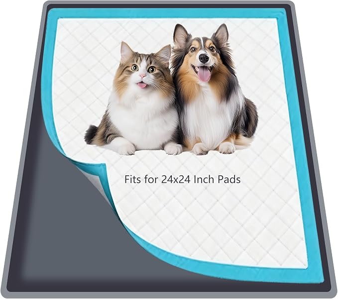 Silicone Dog Pee Pad Holder for 24 x 24 in Pads, Leak-Proof Tray | Raised edges, non-slip base, waterproof silicone, easy to clean, rolls for storage, fits disposable or reusable pads