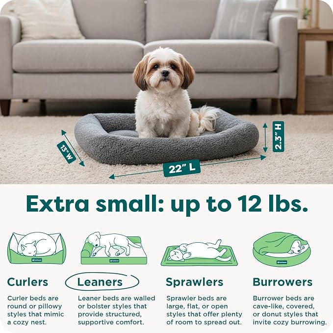 FurHaven Dog Bed for Extra Small Dogs & Cats, Bolster Crate Pad with Soft Supportive Base for Carriers & Kennels, Machine Washable, Extra Small, Sherpa Fleece, Gray