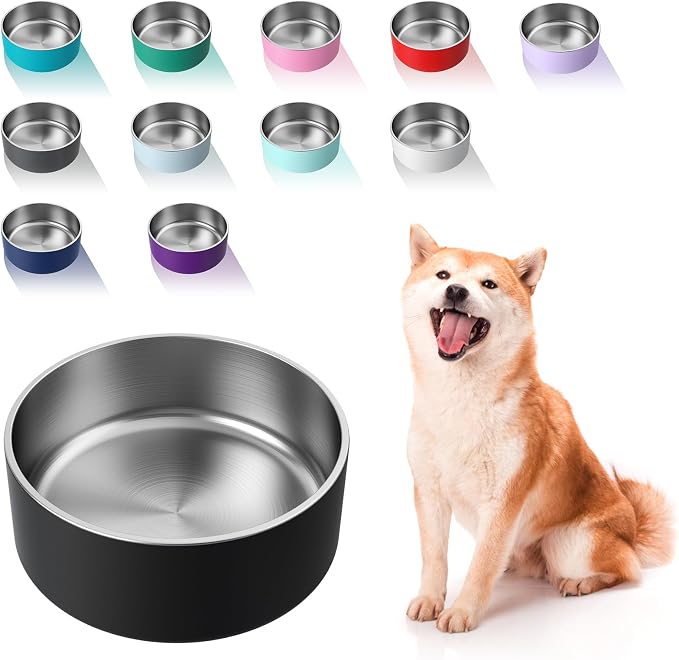 WENBOKMIN Dog Bowl, Stainless Steel Dog Food and Water Bowl with Non Slip Quiet Bottom, Easy to Clean, Dishwasher Safe, 64oz, Black