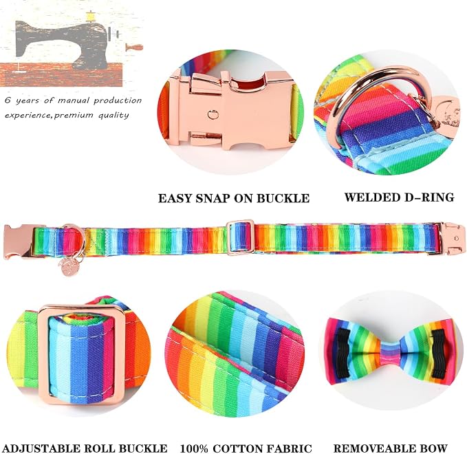 DOGWONG Rainbow Dog Collar with Pretty Bow Tie for LGBT Pride Month - Adjustable and Comfortable Collar for Large Medium Small Dog,L