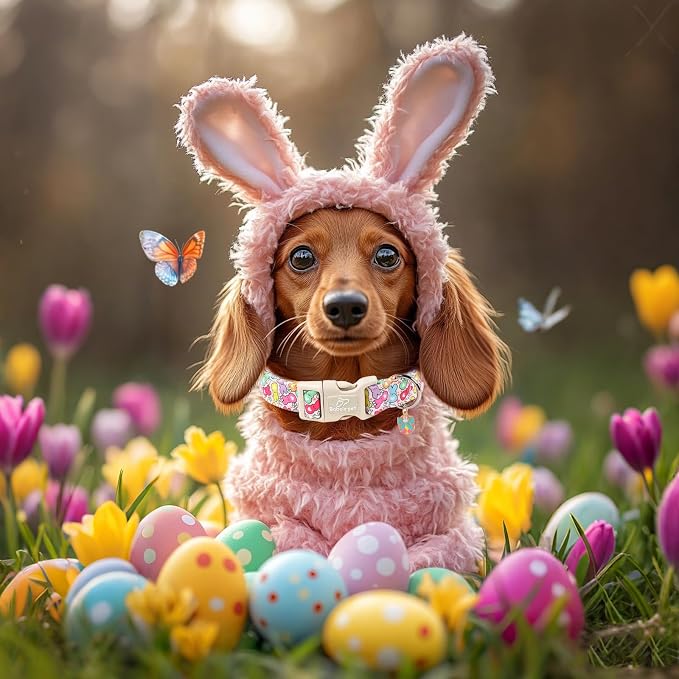 Easter Dog Collar for Medium Dogs - Colorful Bunny Print Easter Collar for Male Female Dogs, Lightweight Adjustable Spring Holiaday Dog Collars with Quick Release Buckle M