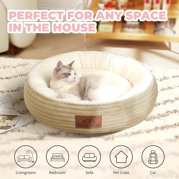 Zerbuger 20in Camel Round Cat Dog Bed Gift for Large Medium Small Dogs Cats, Machine Washable Sleeping Sofa, Non-Slip Bottom Breathable Soft Calming Pet Cuddler for Indoor/Outdoor/Car/Cage
