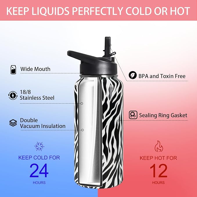 32 Oz Zebra Stripes Water Bottle With Handle, Flip Lid & Straw - Insulated Travel Coffee Mug, Animal Print Gifts for Women Men