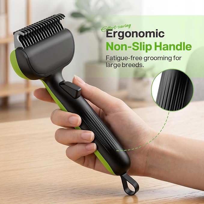 Pecute Self-Cleaning Undercoat Rake for Dogs Cats with Thick Double Coats | 1-click clean, 304SS, 18 rounded teeth, For seasonal heavy shedding & matting, Gentle on pets, Ideal for long/dense coats