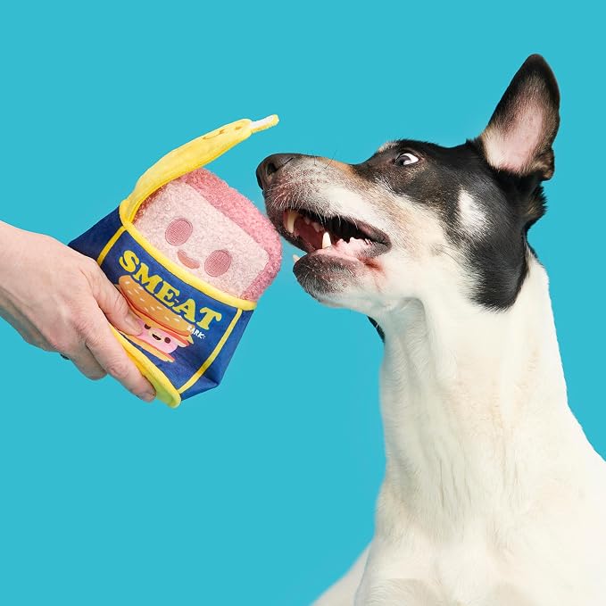 BarkBox Canned Smeat Dog Toy | 2-in-1 Plush Set with 2 Squeakers & Crinkle | Multi-Part Squeak Toy for Extra Small to Small Dogs
