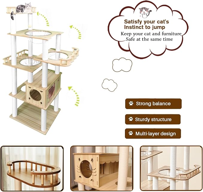 Yinanroa 73-Inch Cat Tower for Multiple Cats, Cat Tower for Large Cats, Slim, Stable, Freestanding, Popular,Prevents Cats from Falling, Space Saving, Wooden Cat Tree. 20lb (8782)