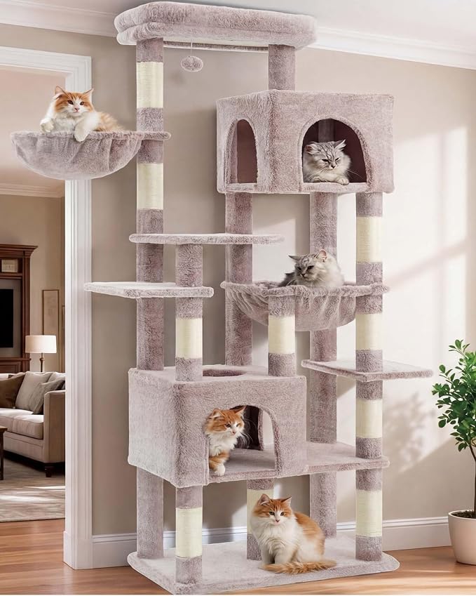 Heybly Cat Tree, 76-Inch Tall Heavy Duty Cat Tower for Big Cats HCT039MU | Multi-Level Large Cat Furniture with Extra Wide Baseboard, 2 Condos & 2 Hammocks, 10 Scratching Posts, Rosy Brown