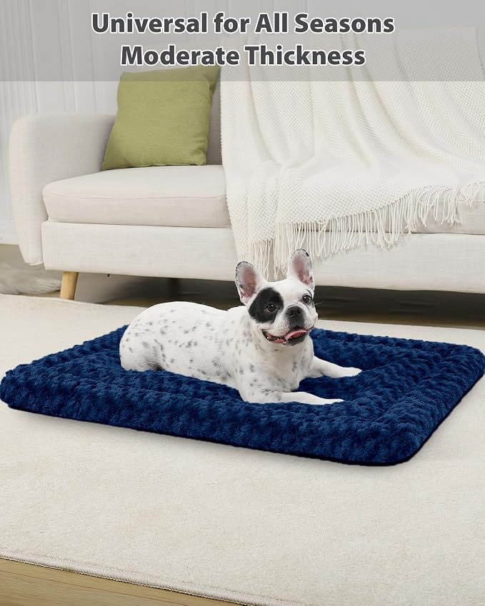 Exsnugy Washable Dog Bed Mat Large Size Fluffy Pet Crate Pad 48x30 XXL | Non-Slip Bottom Kennel Beds Ultra Soft Comfy Sleeping Mattress for Large Medium Small Dogs Blue