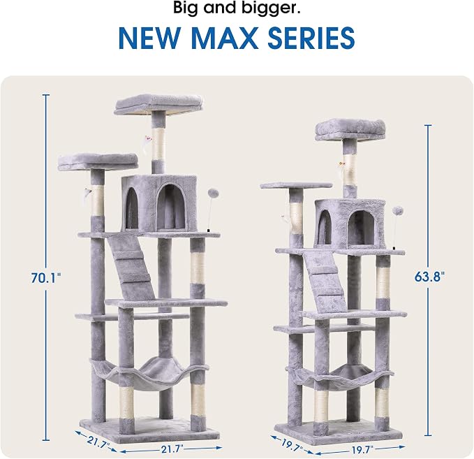 MWPO 70.1-Inch Large Cat Tree, Multi-Level Tall Cat Tower for Indoor Cats, Plush Cat Condo with Big Padded Perches, Sisal-Covered Scratching Posts, Hammock, Toys for Kittens & Cats - Light Grey