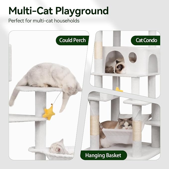 Meecal 79in Large White Cat Tree,Scratching Post,Perches,Condos & Hammocks | Sturdy Large Tower, Stable Structure for Multiple Big Cats, Heavy Duty, Scratch-Friendly ,High Weight Capacity, Tall Cat Gym