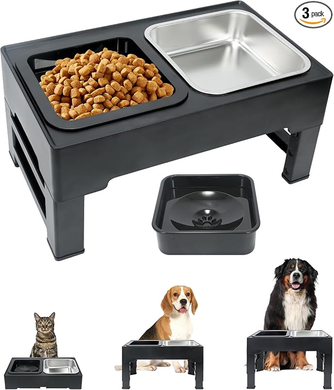 Elevated Dog Bowls with 3 Adjustable Heights, Raised Bowl Stand for Medium & Large Dogs, 1L Food and Water Feeder, Adjustable Pet Dish Station-Grey