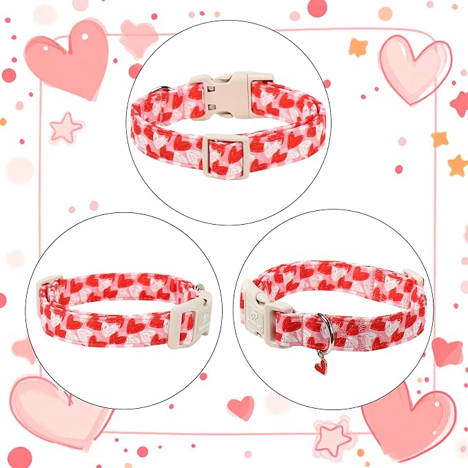 Valentines Dog Collar for Puppy Small Dogs - Cute Pink Girl Dog Collar, Doodle Heart Pattern, Adjustable Valentine Dog Collars with Red Heart Charm XS