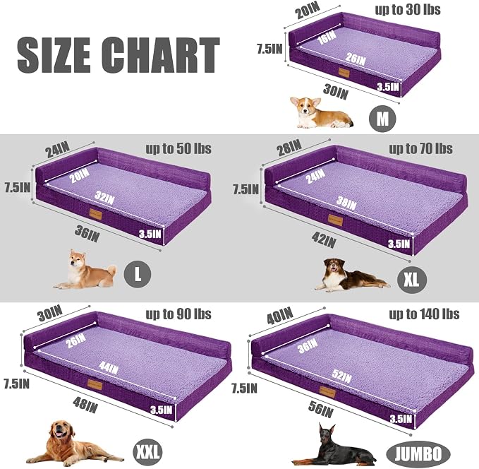 Patas Lague Orthopedic Large Dog Bed Washable Pet Sofa Bed 42''X28''Purple | 2-Sided Bolster Egg-Crate Foam Dog Couch Large Sized Dogs, Waterproof Removable Washable Cover, Nonskid Bottom Pet Crate Mat