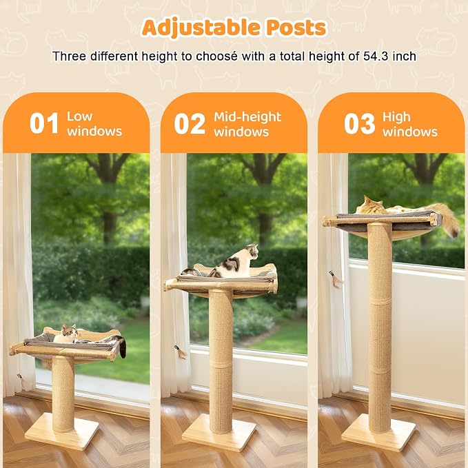 Cat Window Perch Hammock with 3-Piece Detachable Roman Column Sisal Scratching Posts, Gray Fluffy Cusion, Drill-Free Suction Cup Mount, Extra Large for Large Cats & Maine Coons, 60 LBS Capacity